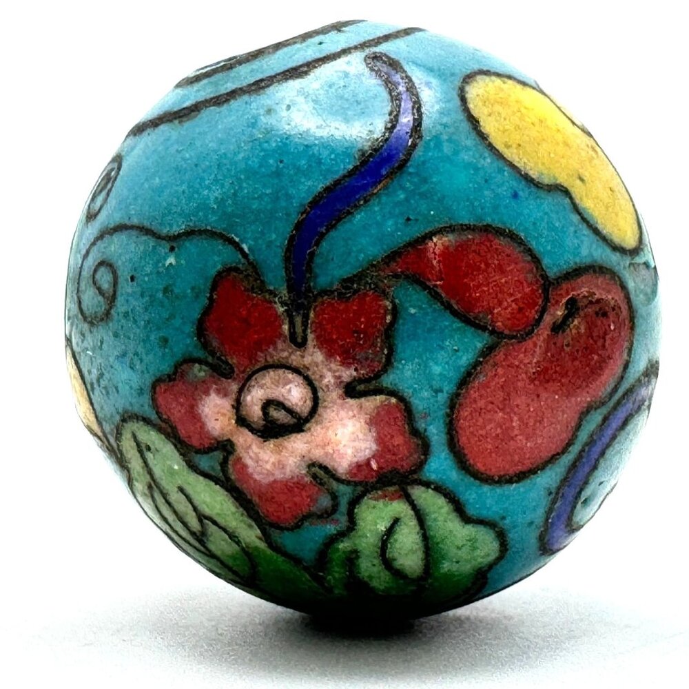 Cloisonné Floral Vtg Bead Hand-Painted Enamel Design Blue Red Yellow Green 24mm